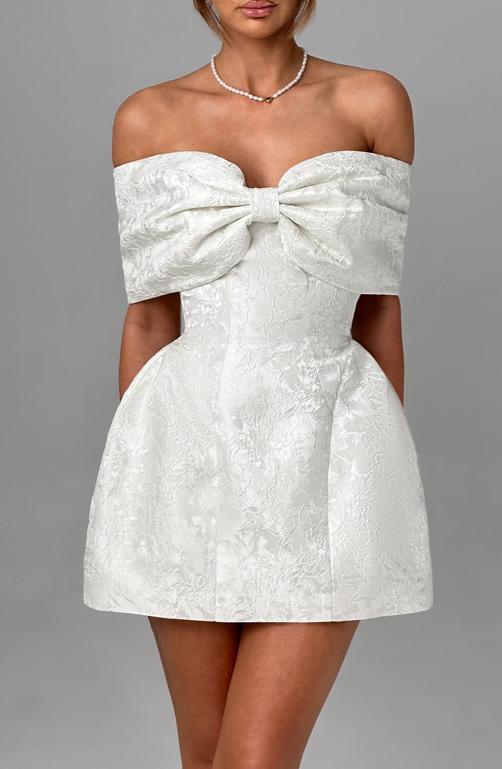 K.Y Women's Dress Bardot Mini Ivory Jacquard Bow Bridal Party