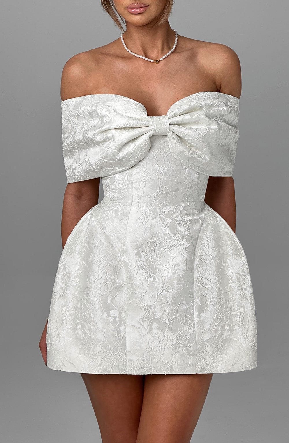 K.Y Women's Dress Bardot Mini Ivory Jacquard Bow Bridal Party