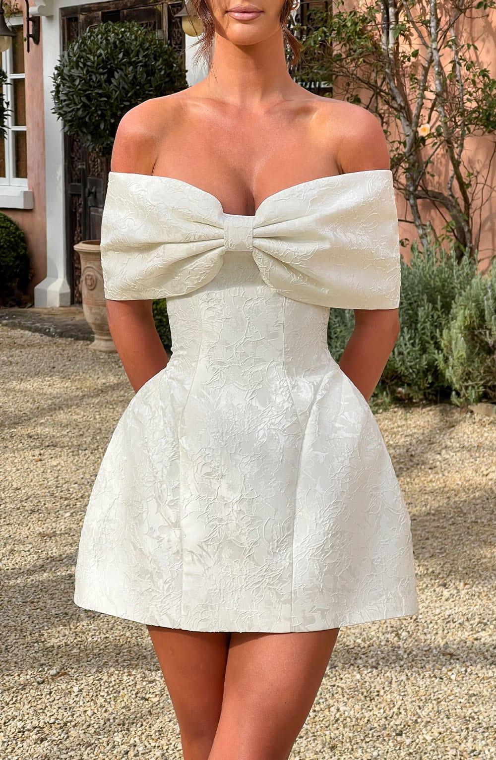 K.Y Women's Dress Bardot Mini Ivory Jacquard Bow Bridal Party