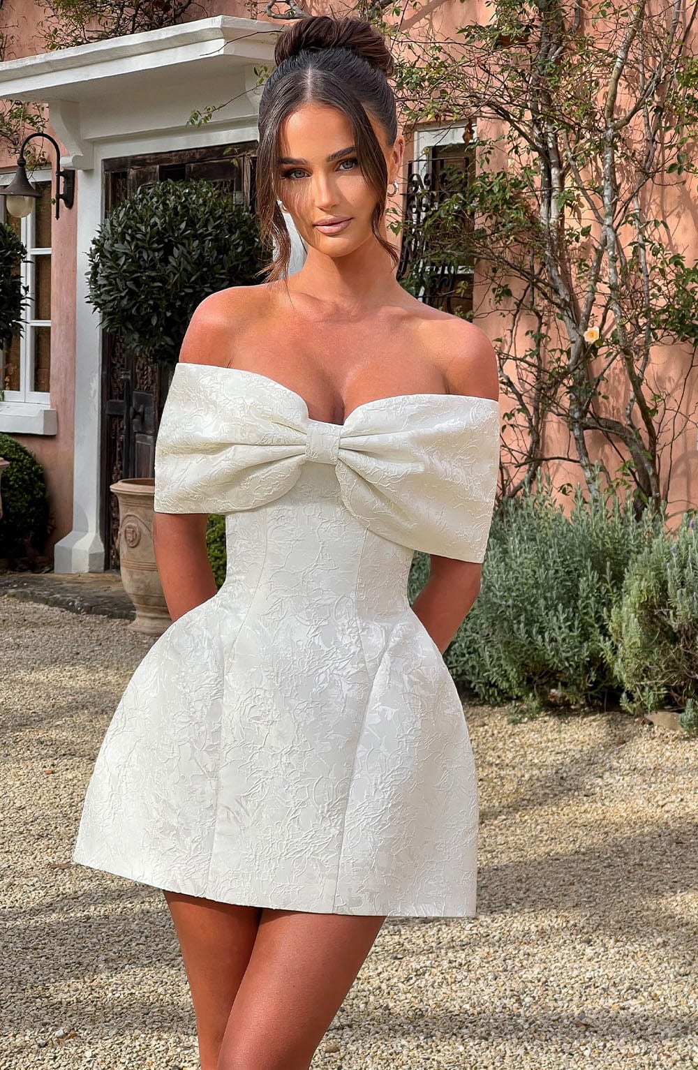 K.Y Women's Dress Bardot Mini Ivory Jacquard Bow Bridal Party