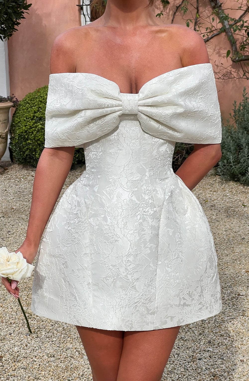 K.Y Women's Dress Bardot Mini Ivory Jacquard Bow Bridal Party