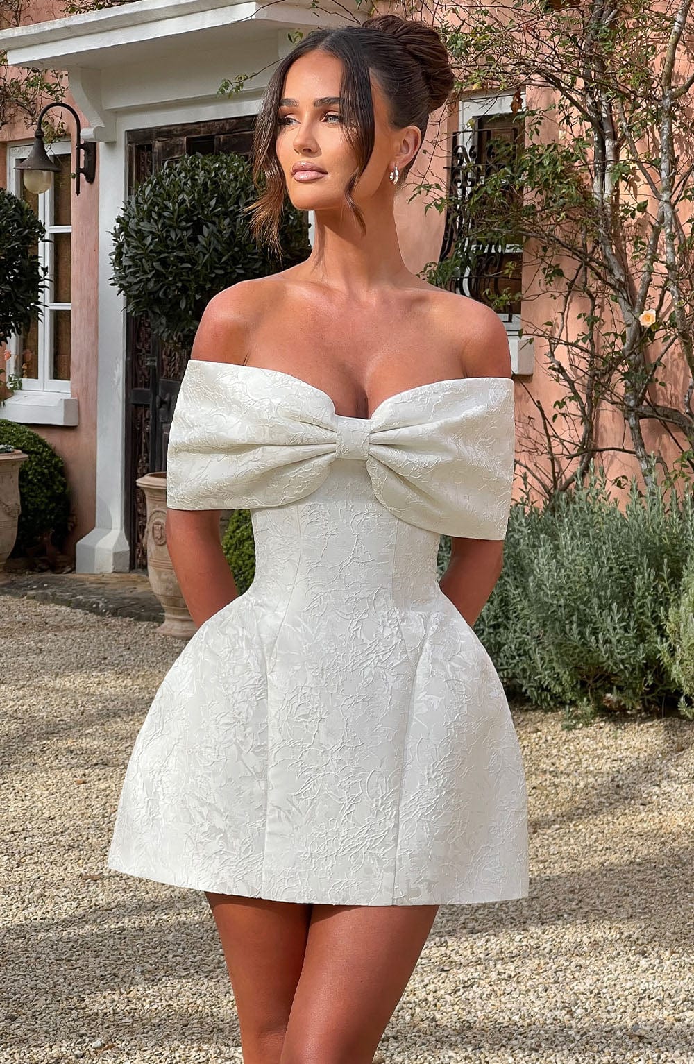 K.Y Women's Dress Bardot Mini Ivory Jacquard Bow Bridal Party