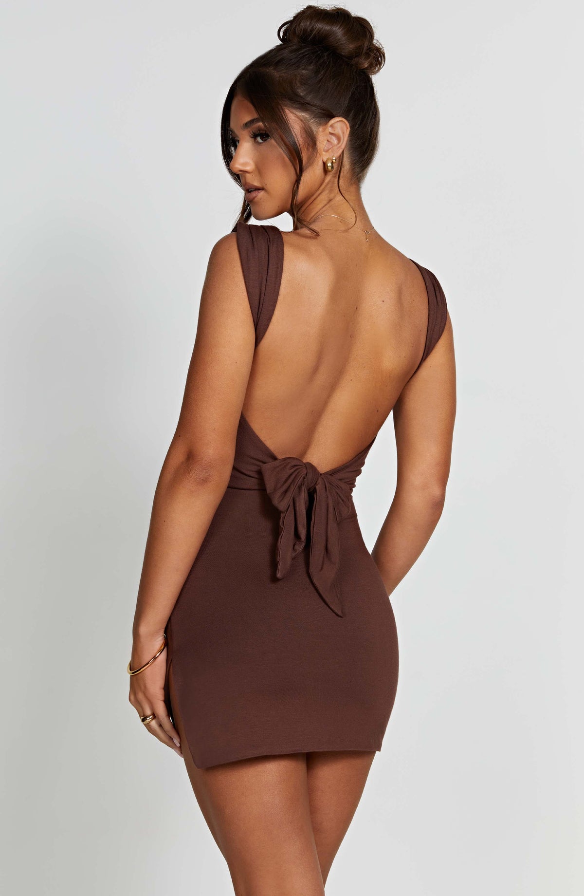 L.F Women's Dress Mini Bodycon Chocolate Ruched Jersey Evening