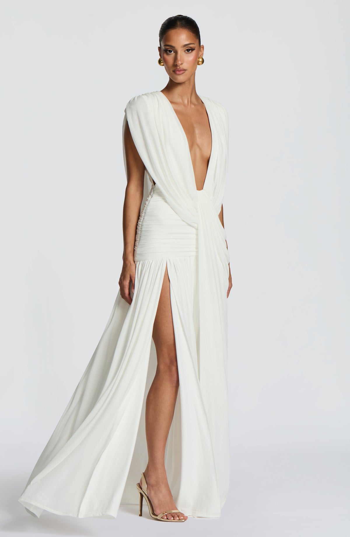 R.F Women's Dress Maxi Cowl Neck Ivory Mesh Bridal Evening