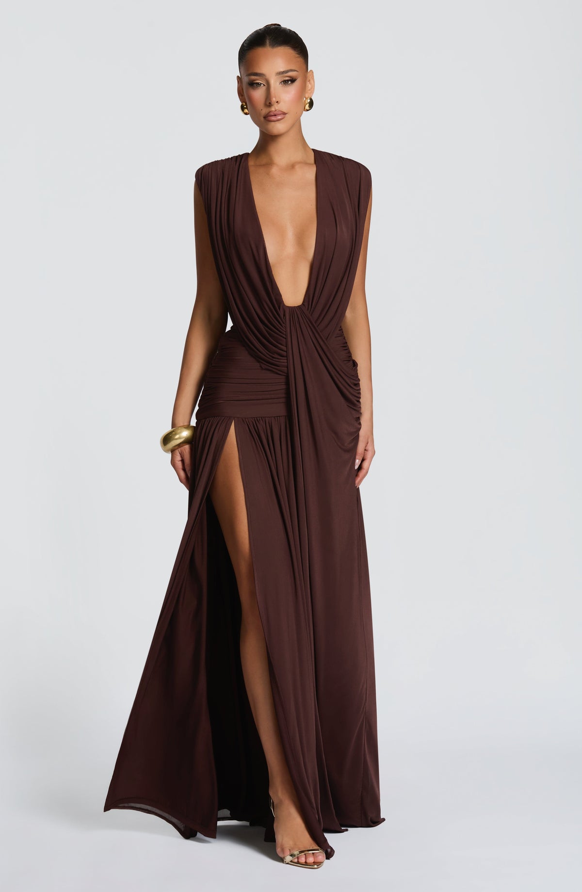 R.F Women's Dress Maxi Plum Brown Mesh Evening Gown