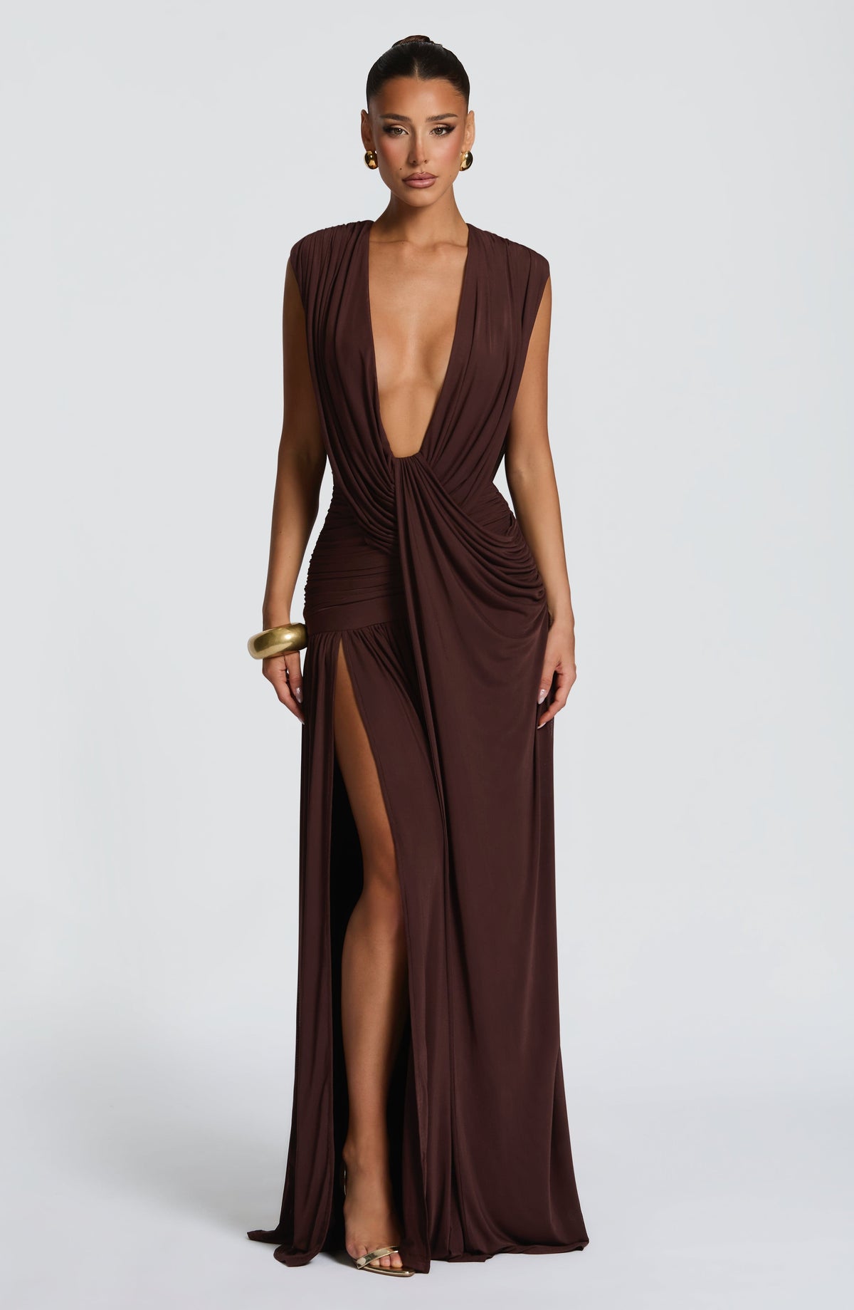 R.F Women's Dress Maxi Plum Brown Mesh Evening Gown