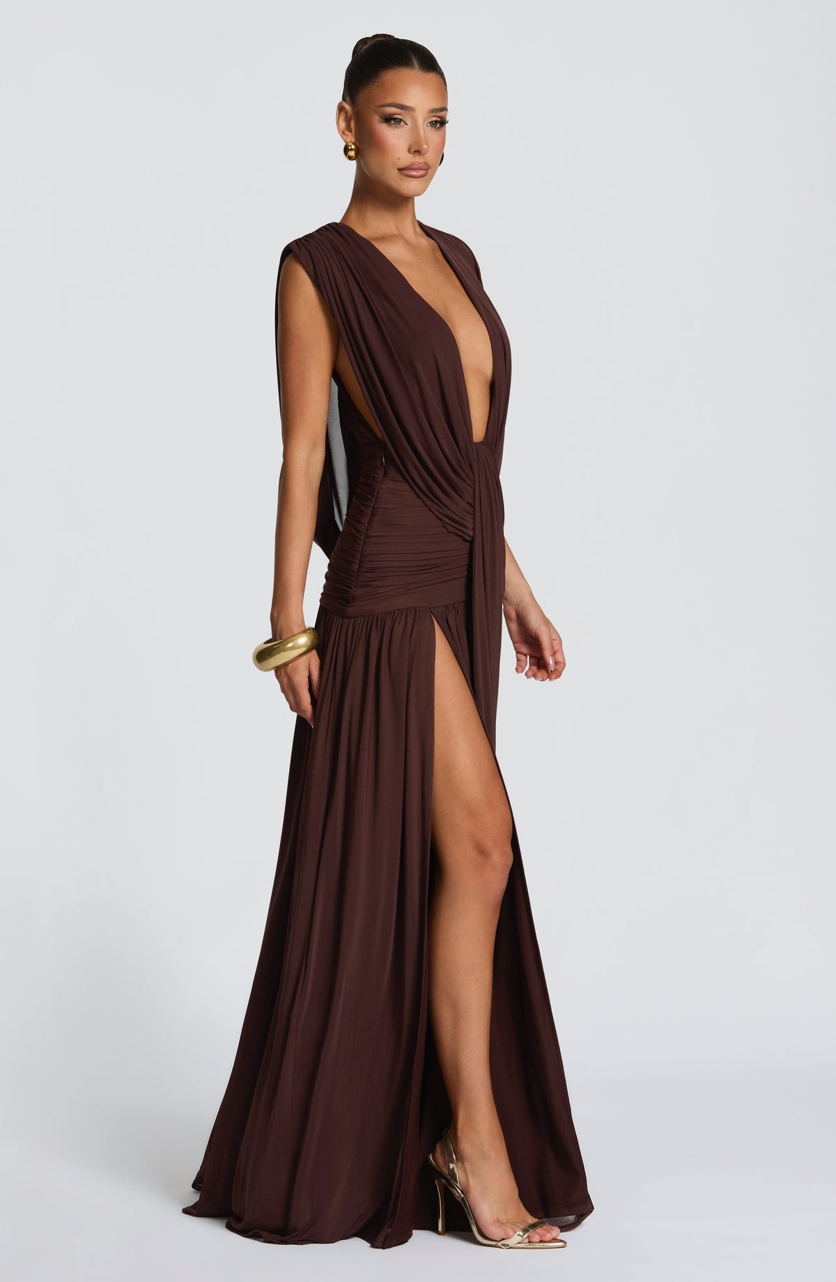 R.F Women's Dress Maxi Plum Brown Mesh Evening Gown