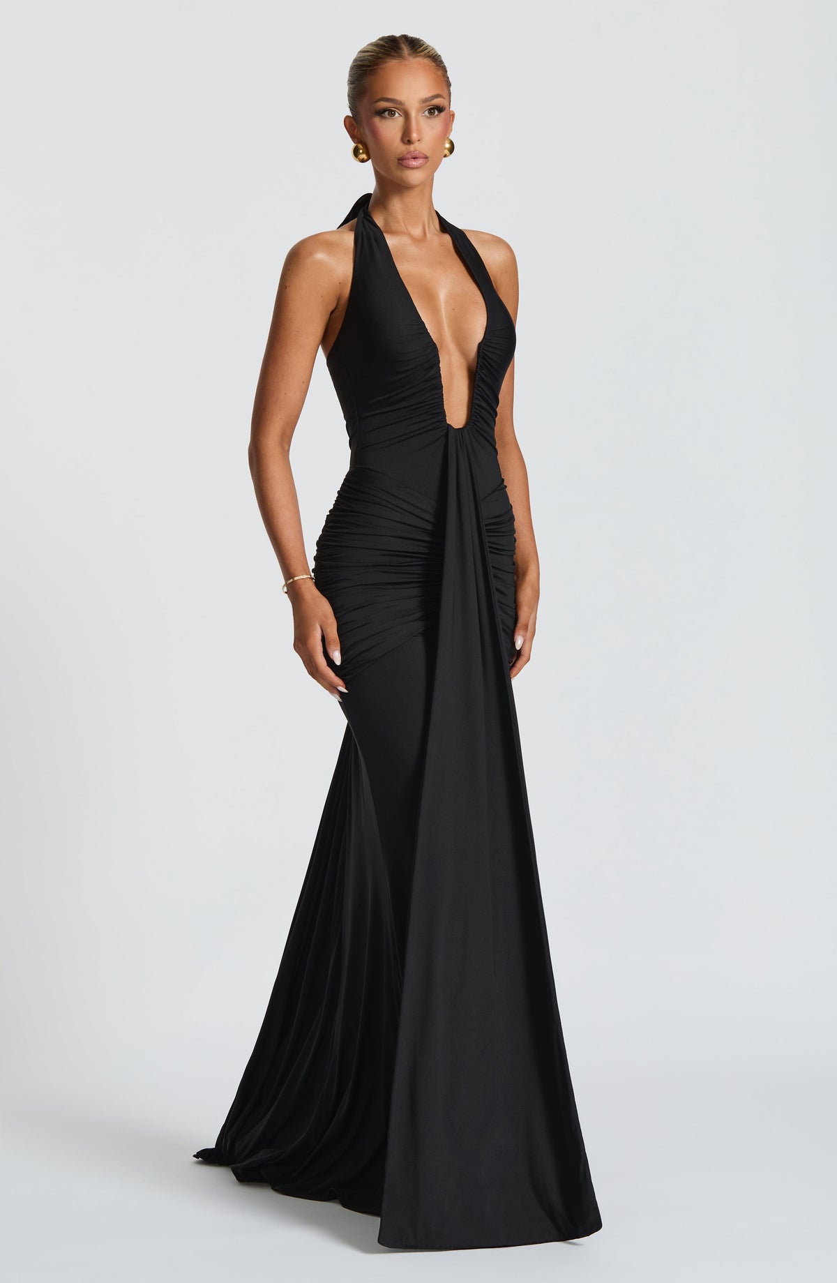 DIA Women's Dress Rosetta Maxi Plunge Ruched Black Jersey Evening