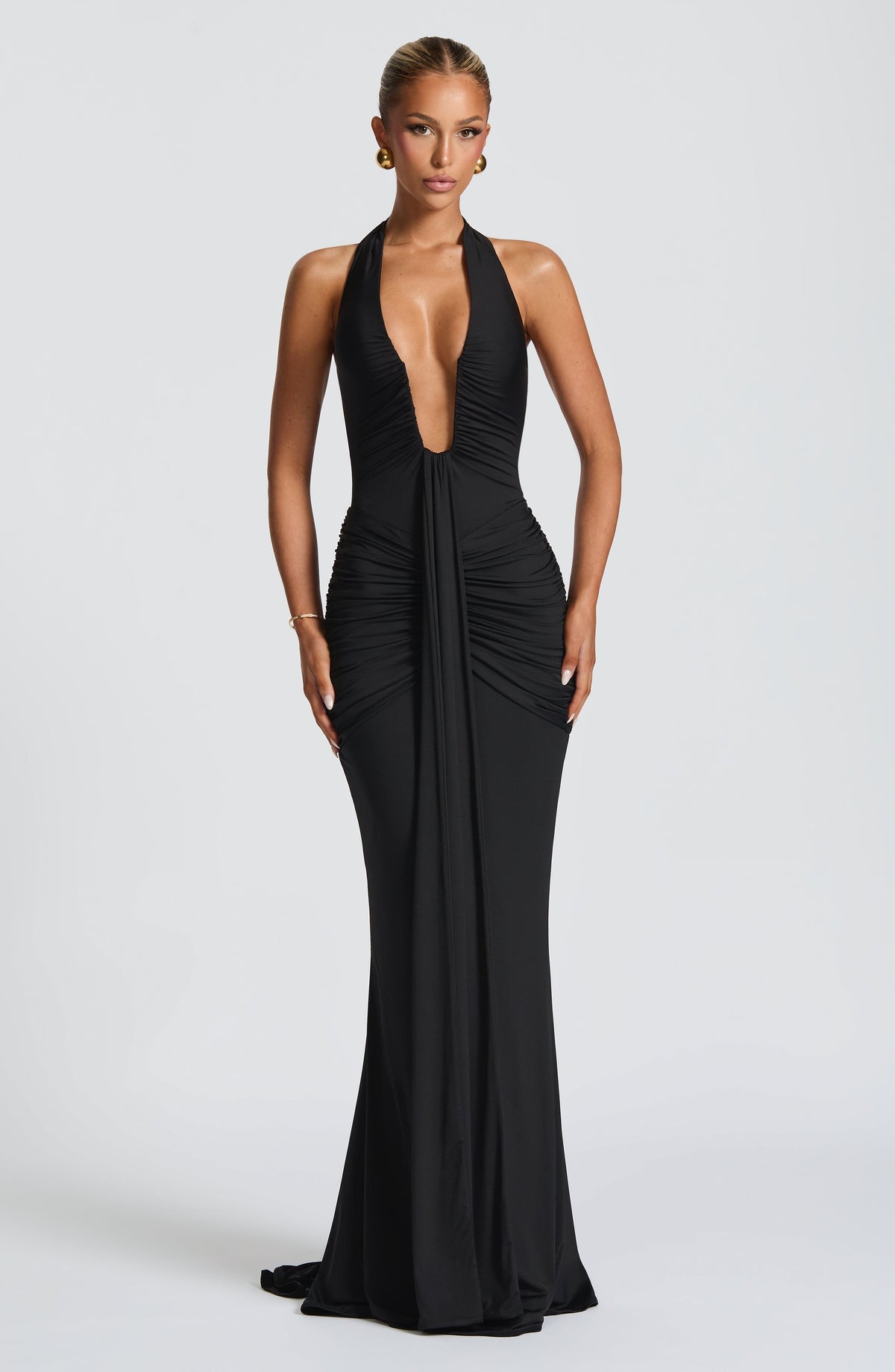 DIA Women's Dress Rosetta Maxi Plunge Ruched Black Jersey Evening