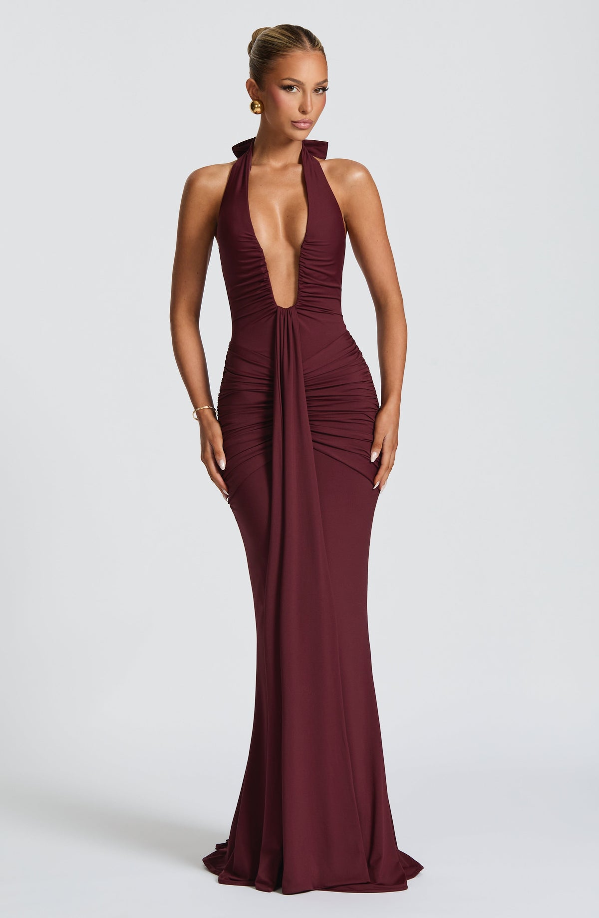 DIA Women's Dress Rosetta Plunge Maxi Cherry Lacquer Ruched Jersey Evening