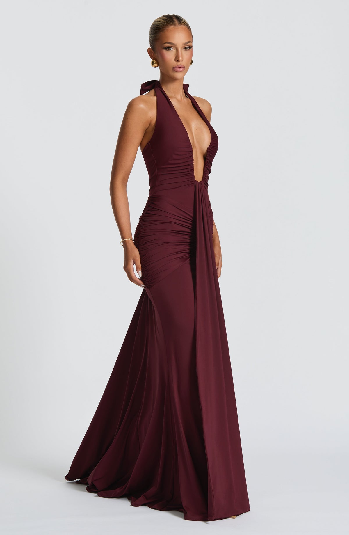 DIA Women's Dress Rosetta Plunge Maxi Cherry Lacquer Ruched Jersey Evening