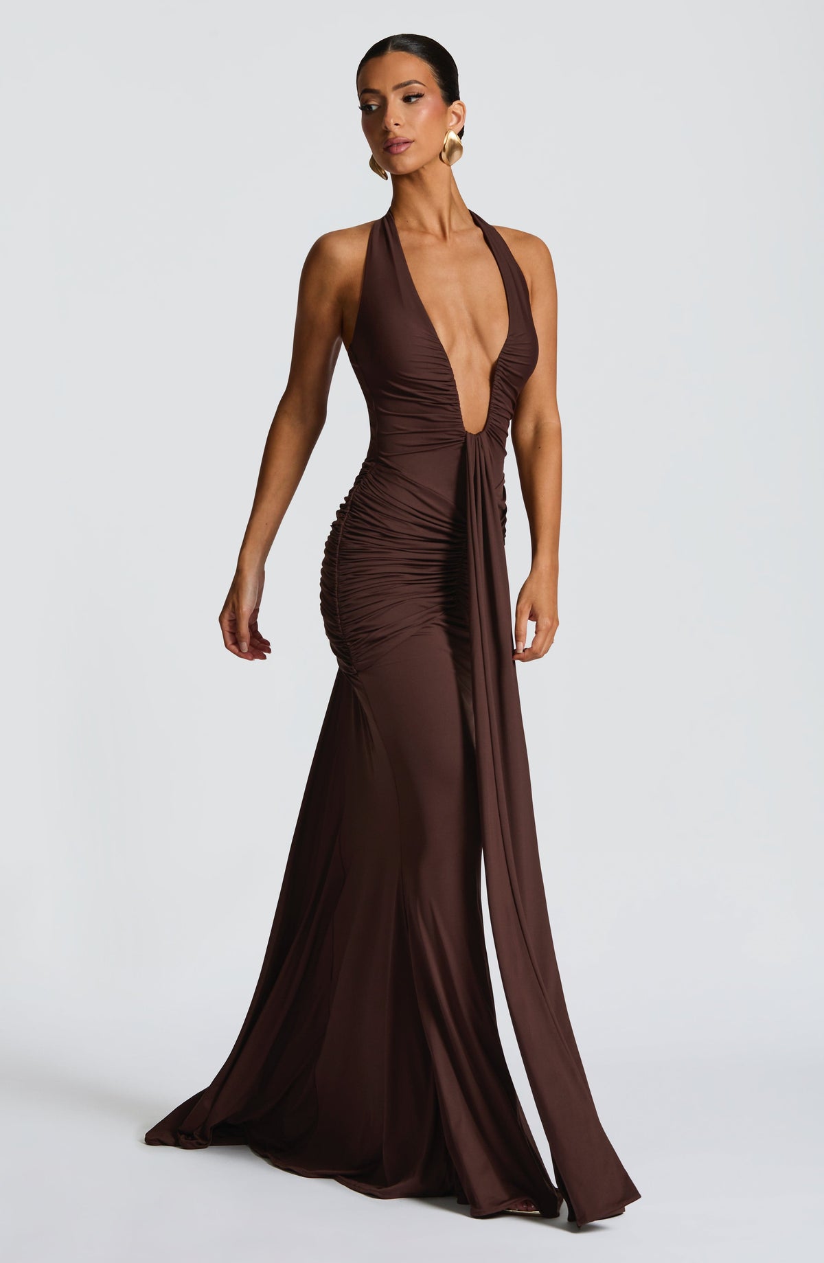 DIA Women's Dress Plunge Halter Plum Brown Slinky Jersey Formal