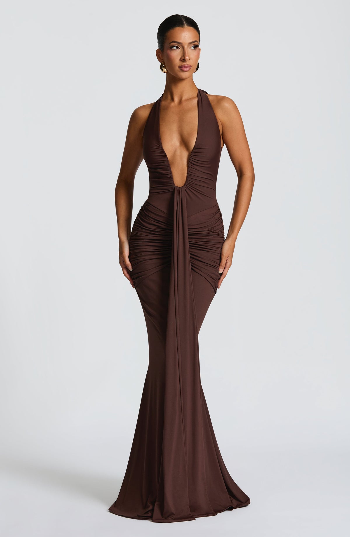 DIA Women's Dress Plunge Halter Plum Brown Slinky Jersey Formal