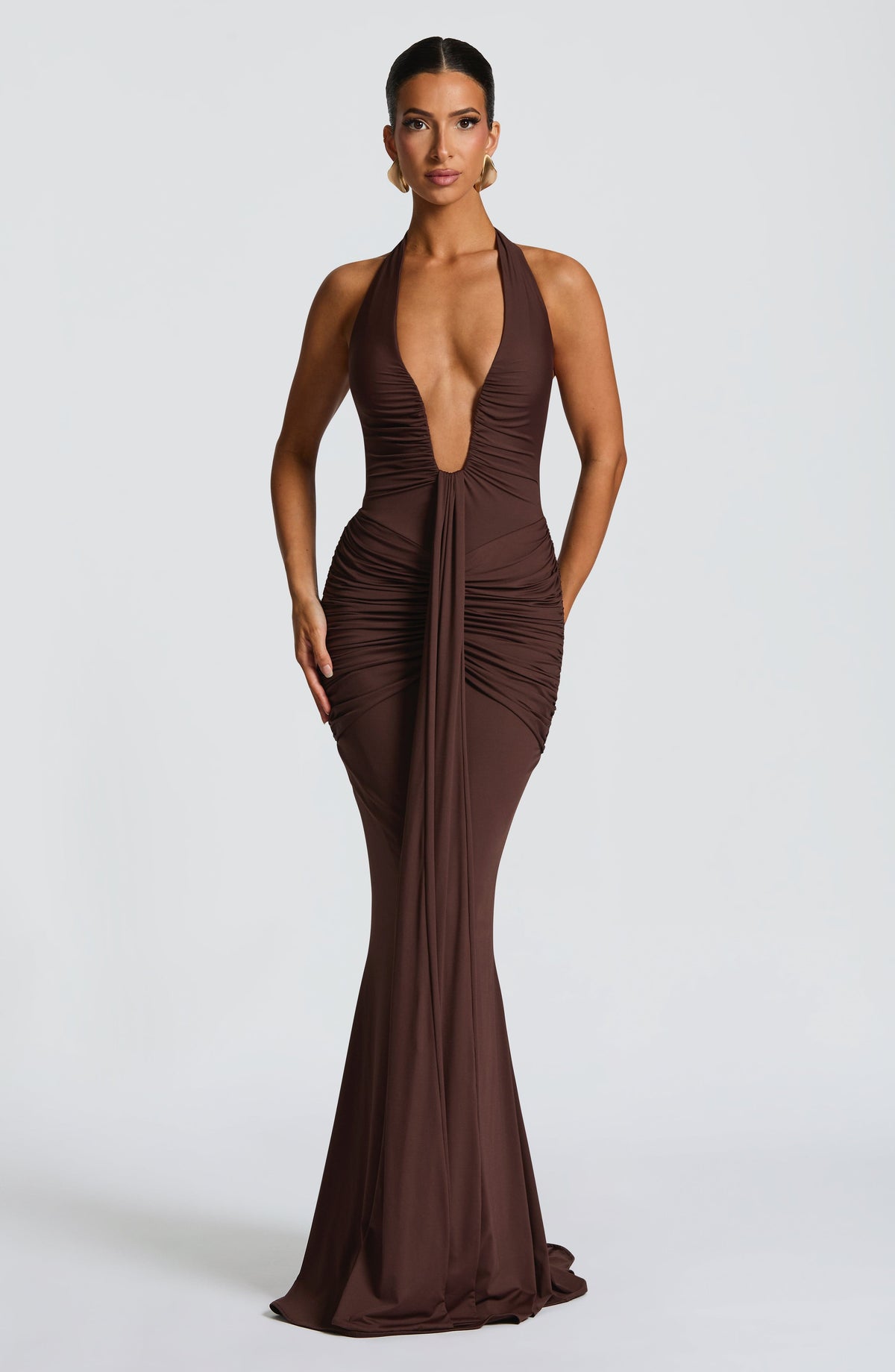 DIA Women's Dress Plunge Halter Plum Brown Slinky Jersey Formal