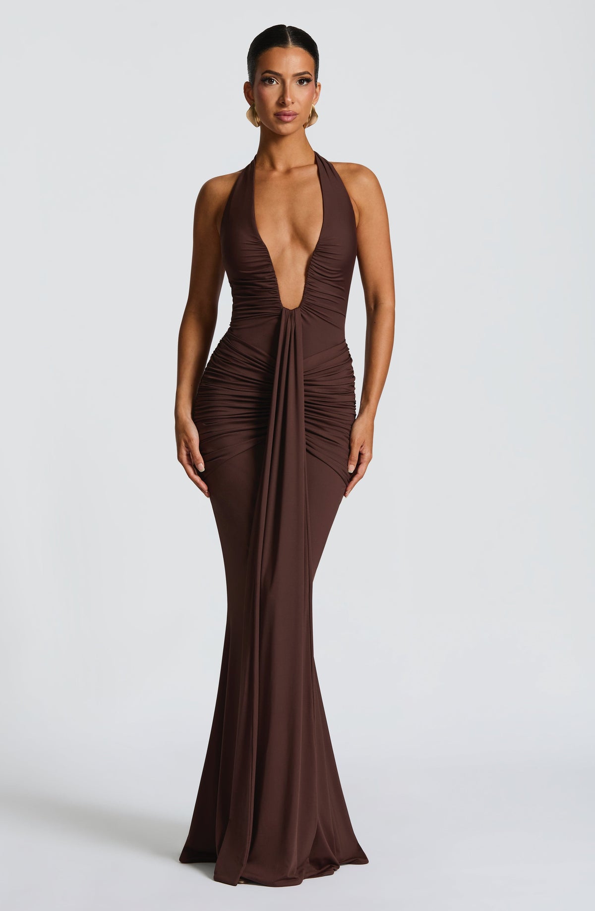 DIA Women's Dress Plunge Halter Plum Brown Slinky Jersey Formal