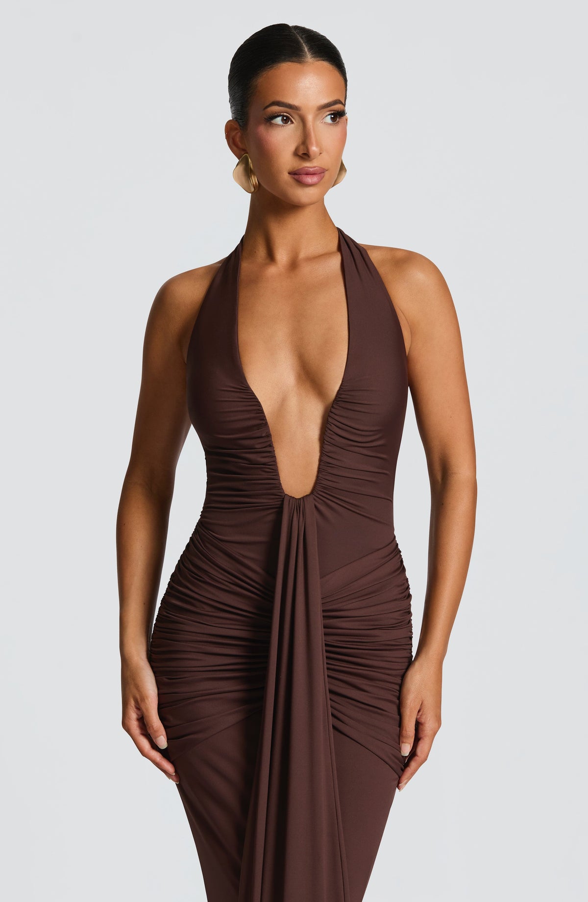 DIA Women's Dress Plunge Halter Plum Brown Slinky Jersey Formal