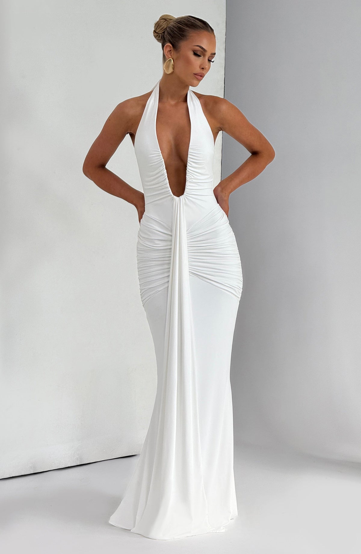 DIA Women's Dress Rosetta Maxi White Jersey Plunge Evening