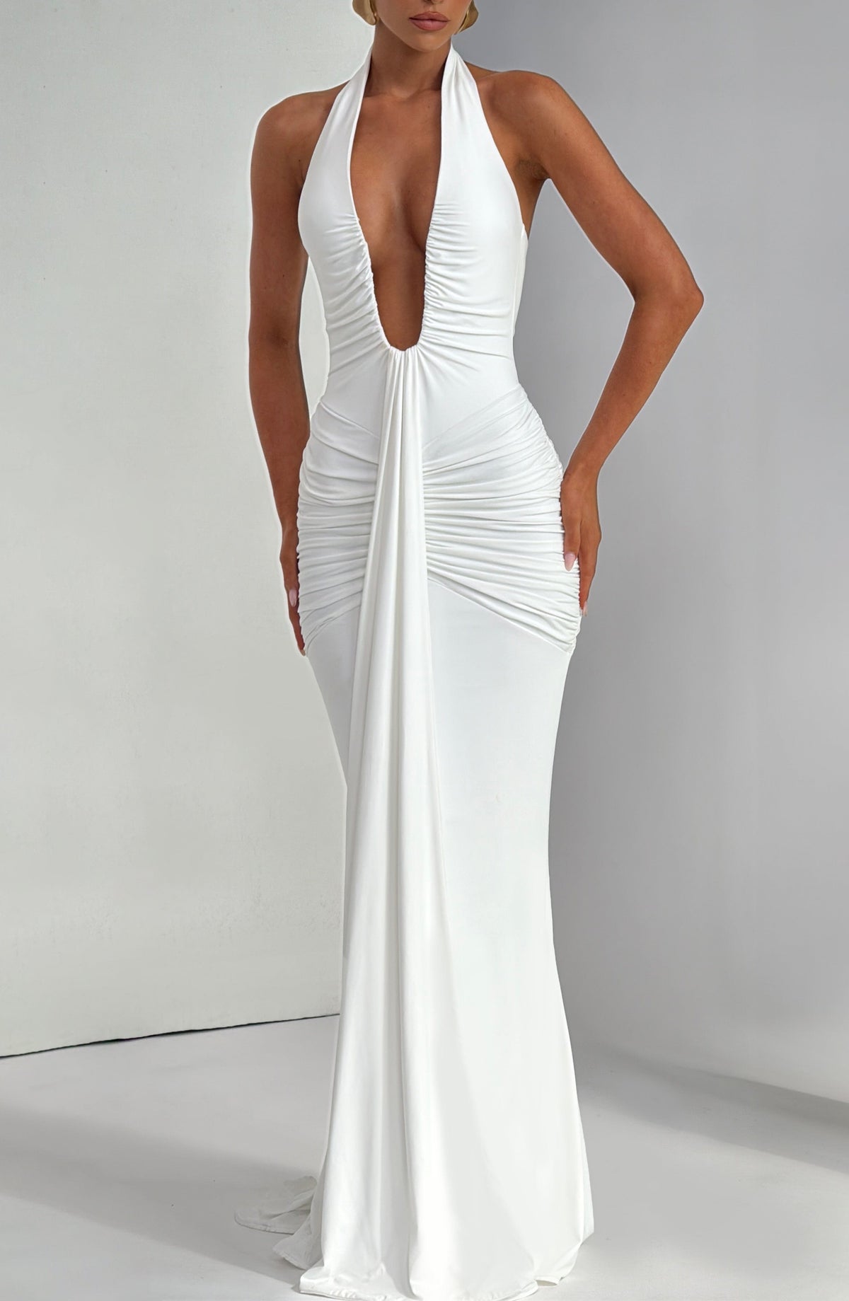 DIA Women's Dress Rosetta Maxi White Jersey Plunge Evening