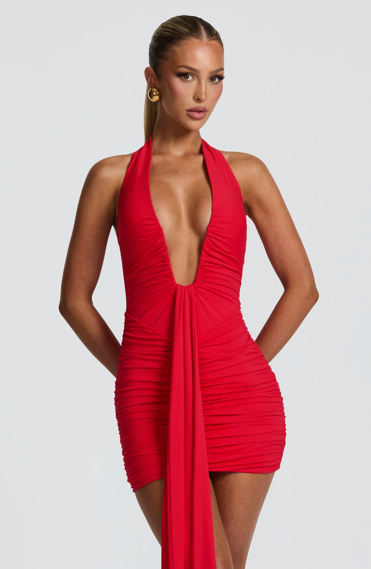 DIA Women's Dress Plunge Neck Ruched Red Slinky Jersey Party