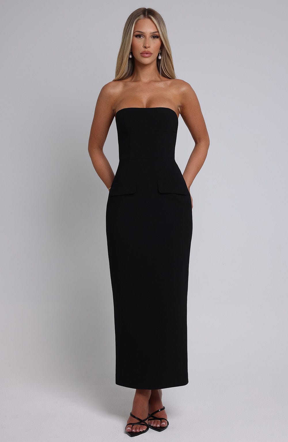 R.F Women's Dress Midaxi Strapless Black Crepe Evening Formal