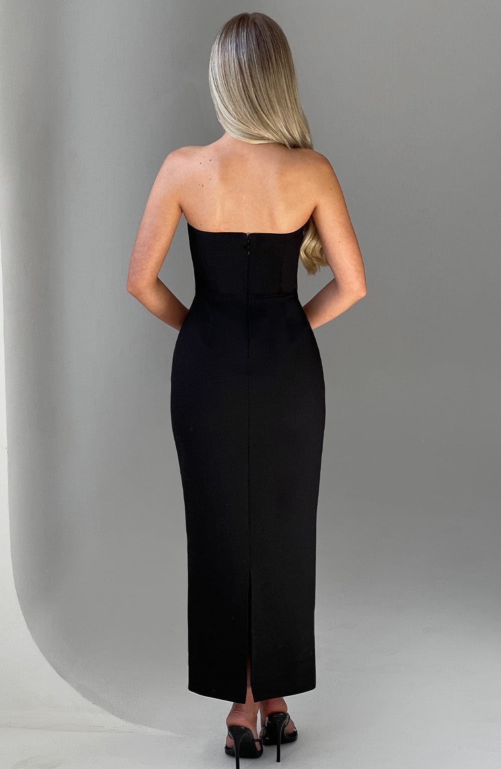 R.F Women's Dress Midaxi Strapless Black Crepe Evening Formal