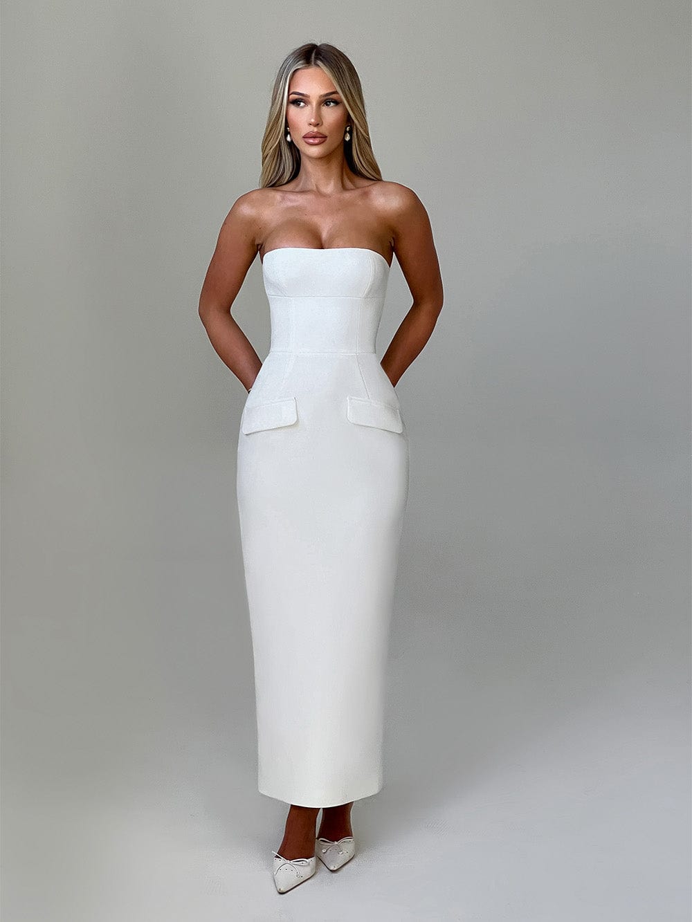 R.F Women's Dress Roxanne Midaxi Ivory Crepe Formal Evening