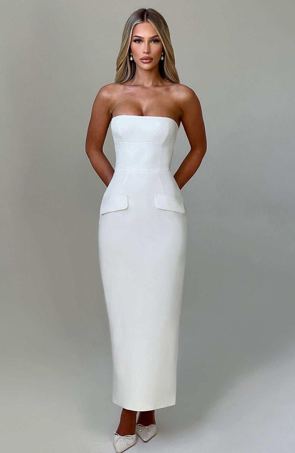 R.F Women's Dress Roxanne Midaxi Ivory Crepe Formal Evening