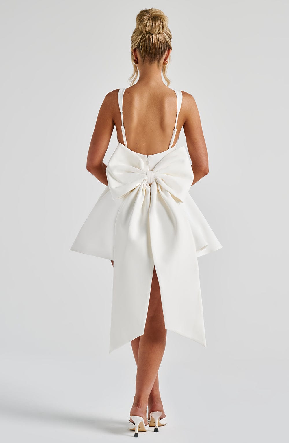 M.T Women's Dress Rue Square Neck Ivory Detachable Bow Bridal Mini Party