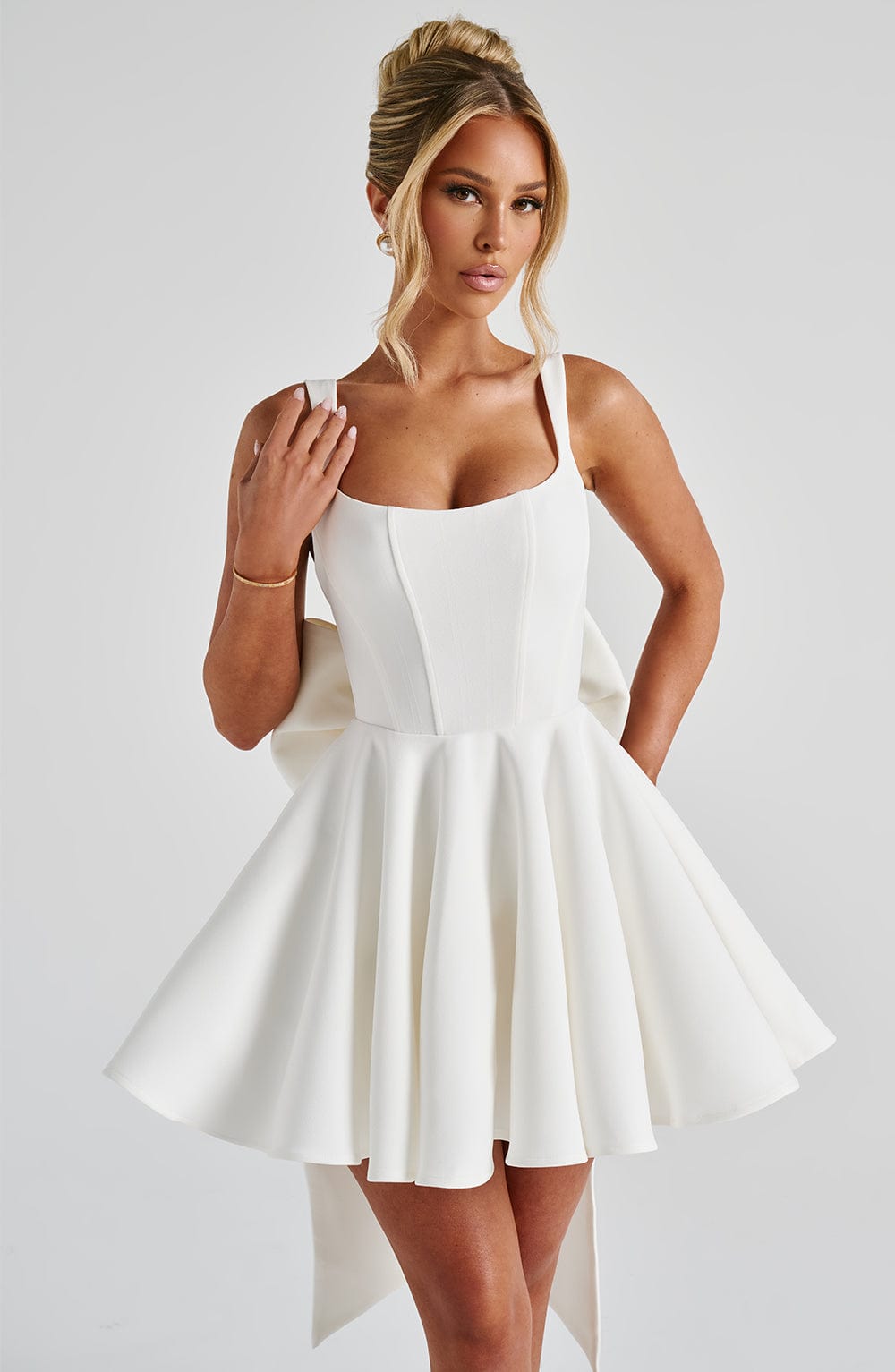 M.T Women's Dress Rue Square Neck Ivory Detachable Bow Bridal Mini Party