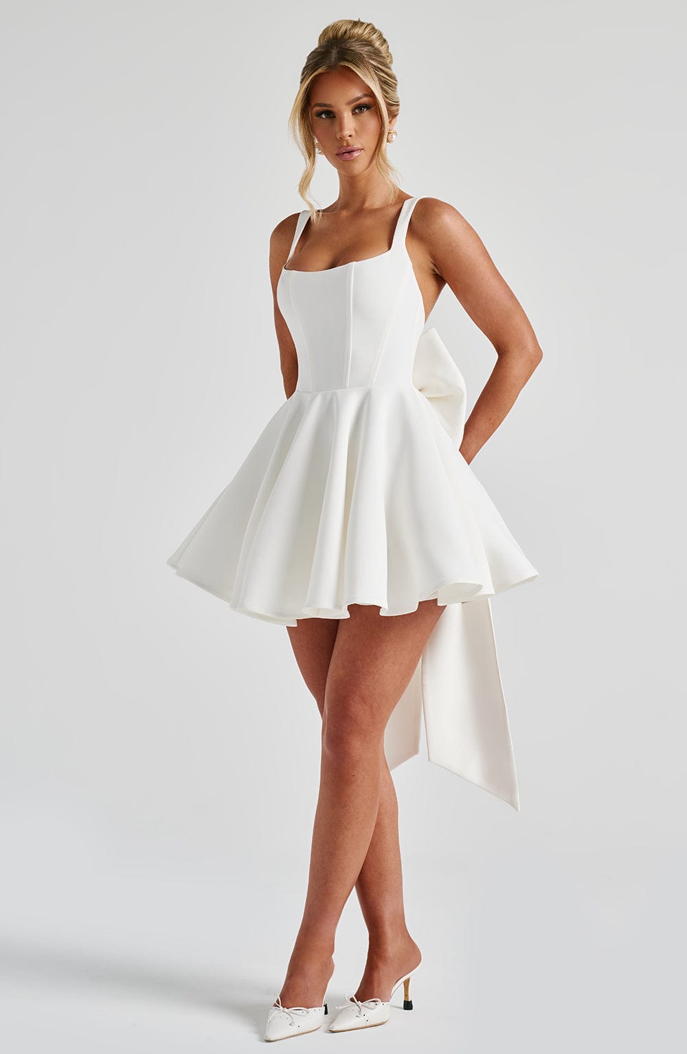 M.T Women's Dress Rue Square Neck Ivory Detachable Bow Bridal Mini Party