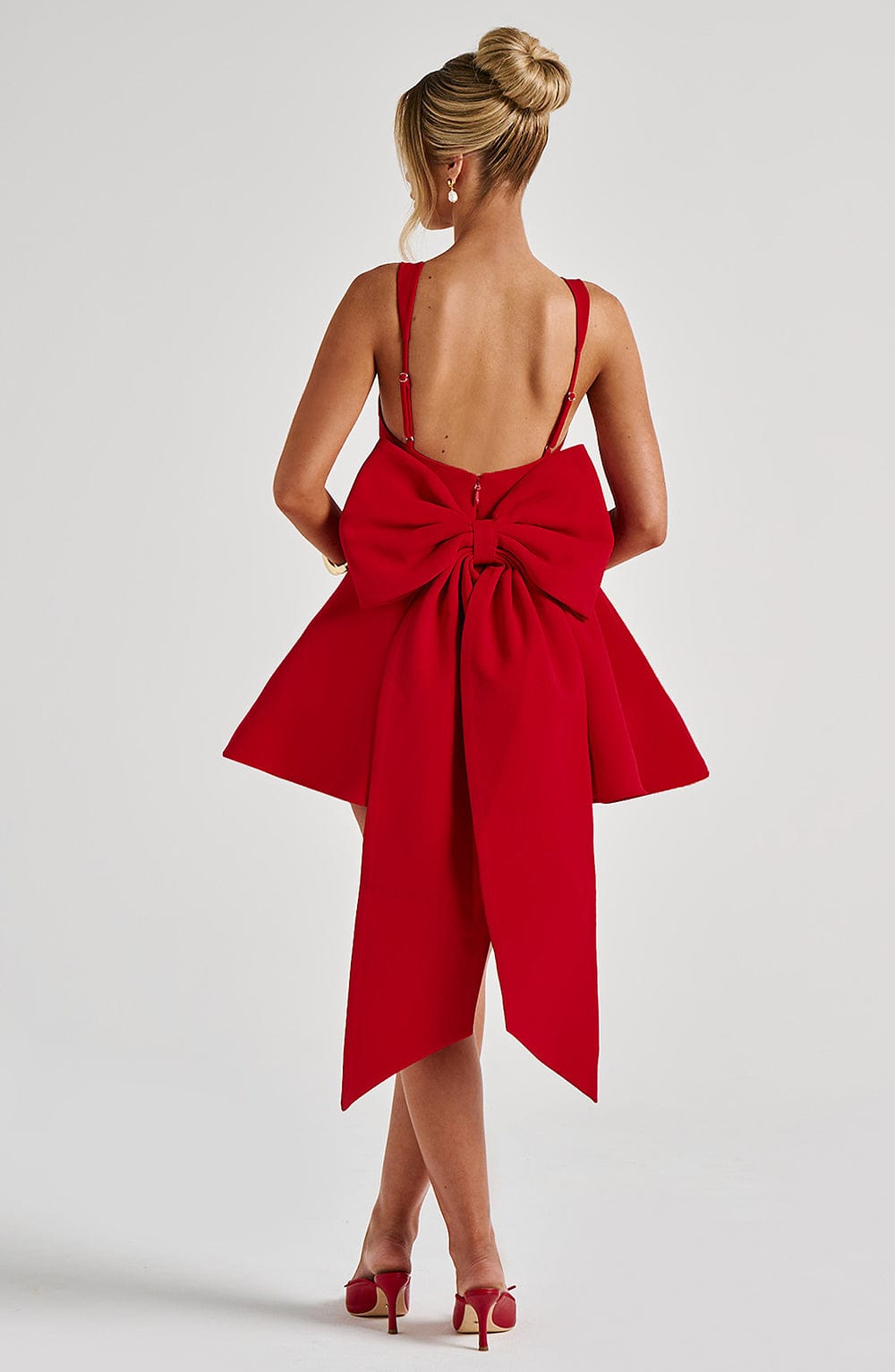 M.T Women's Dress Rue Square-Neck Red Tulle Bow Party