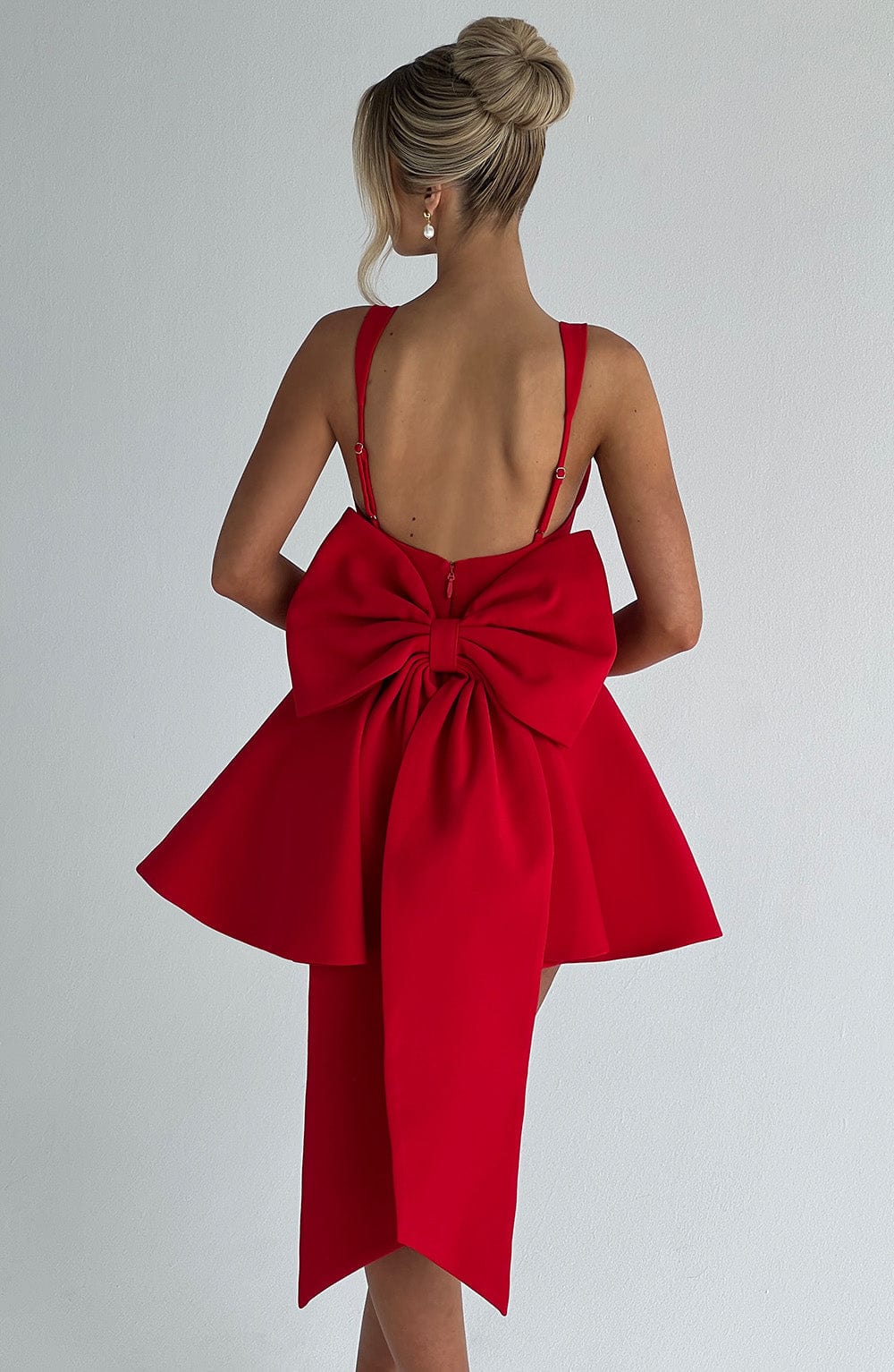 M.T Women's Dress Rue Square-Neck Red Tulle Bow Party