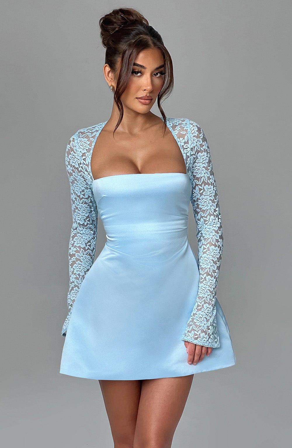 M.T Women's Dress Sadie Bubble Hem Blue Satin Lace Party