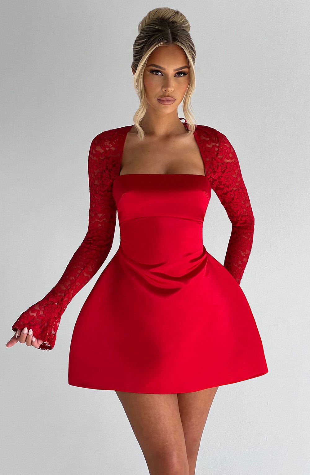 M.T Women's Dress Bubble Hem Red Satin Lace Party