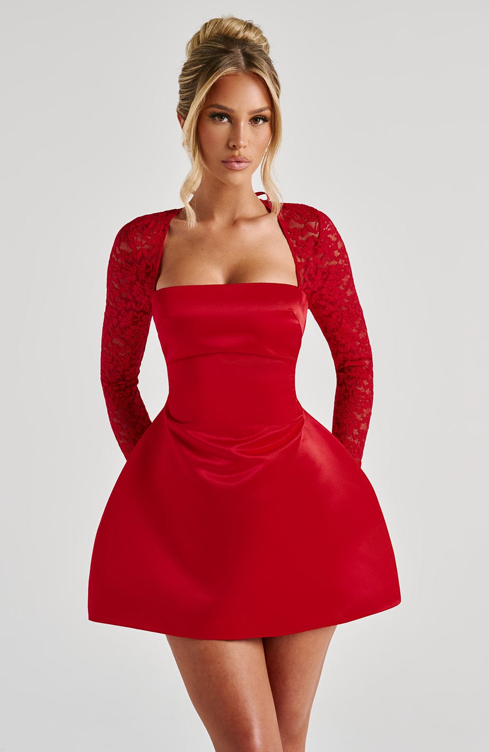 M.T Women's Dress Bubble Hem Red Satin Lace Party