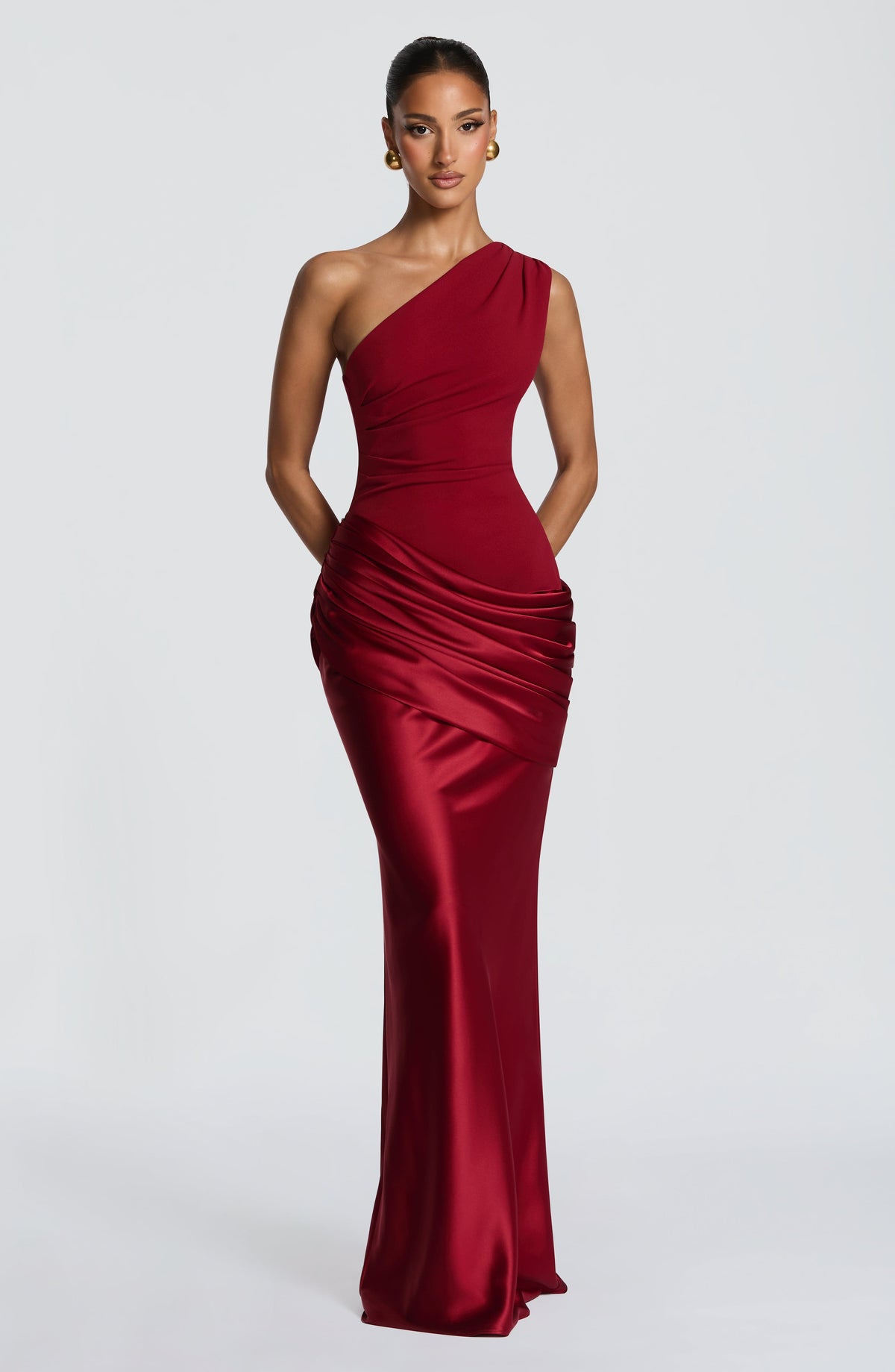 Sadona Women's Dress One-Shoulder Deep Red Satin Maxi Evening