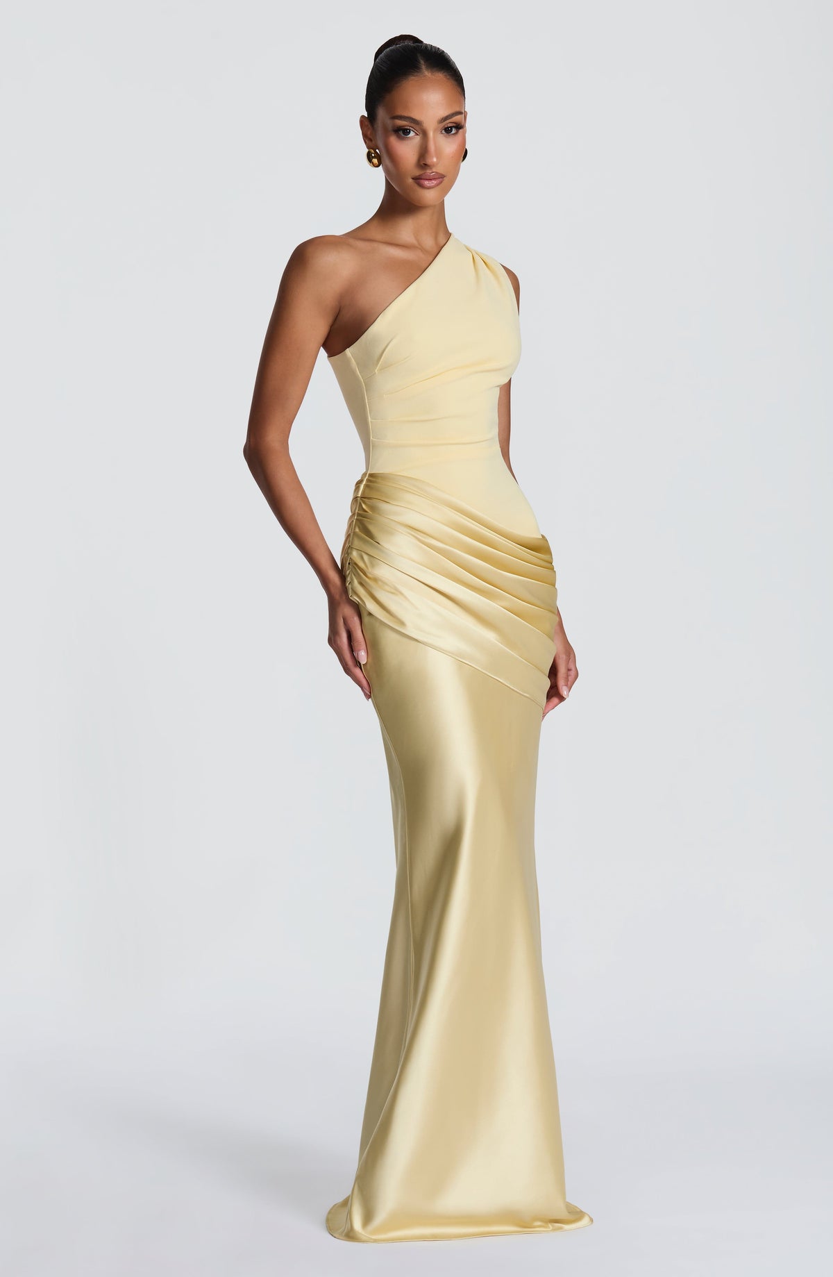 Sadona Women's Dress One-Shoulder Lemon Crepe Satin Formal