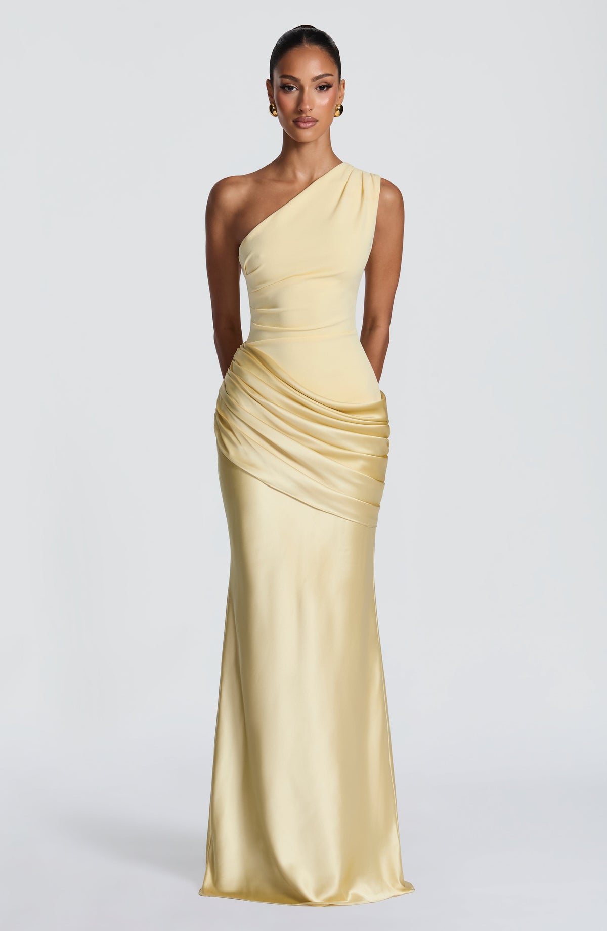 Sadona Women's Dress One-Shoulder Lemon Crepe Satin Formal