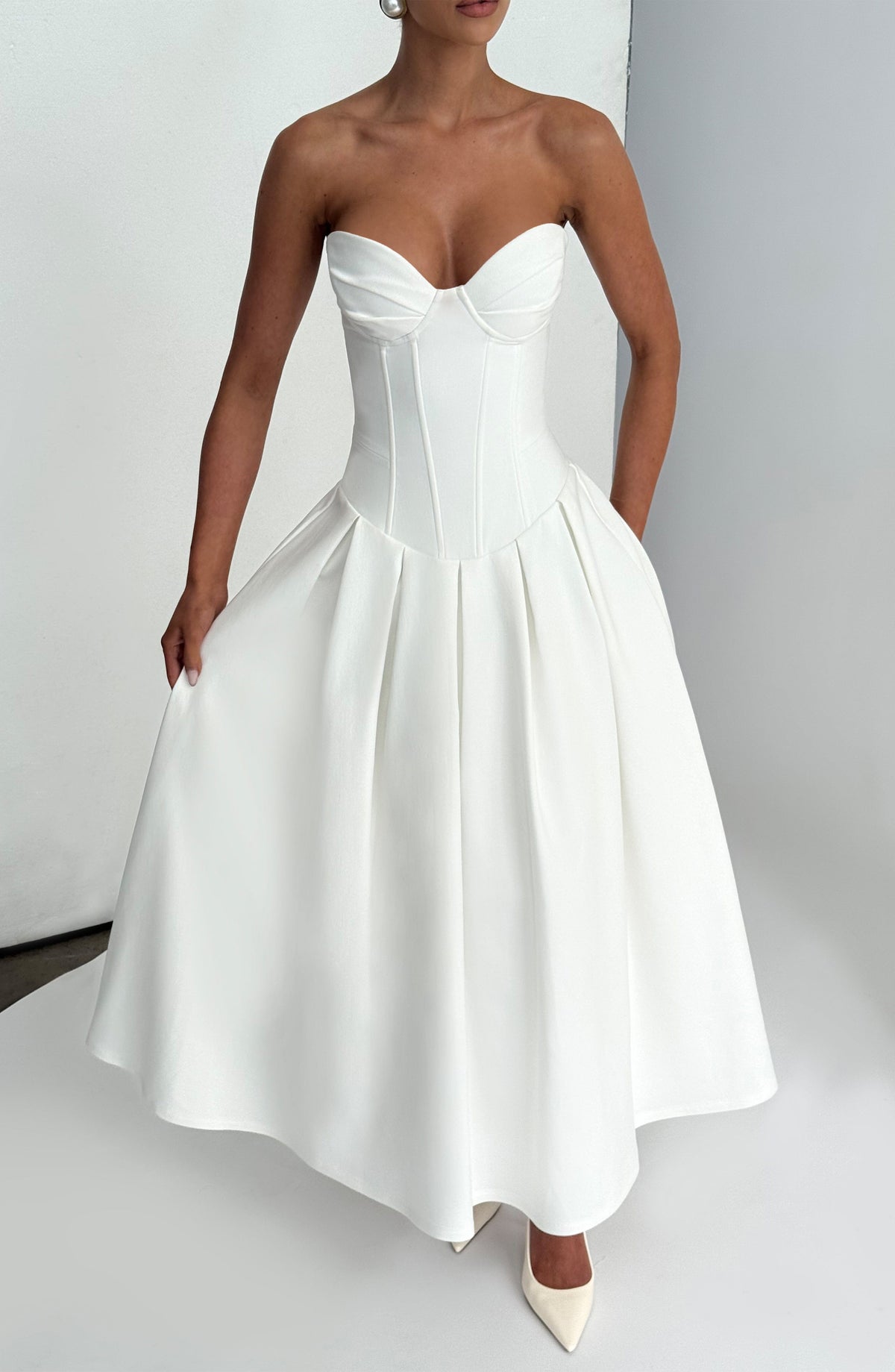 R.F Women's Dress Strapless Midi Ivory Stretch Bengaline Formal
