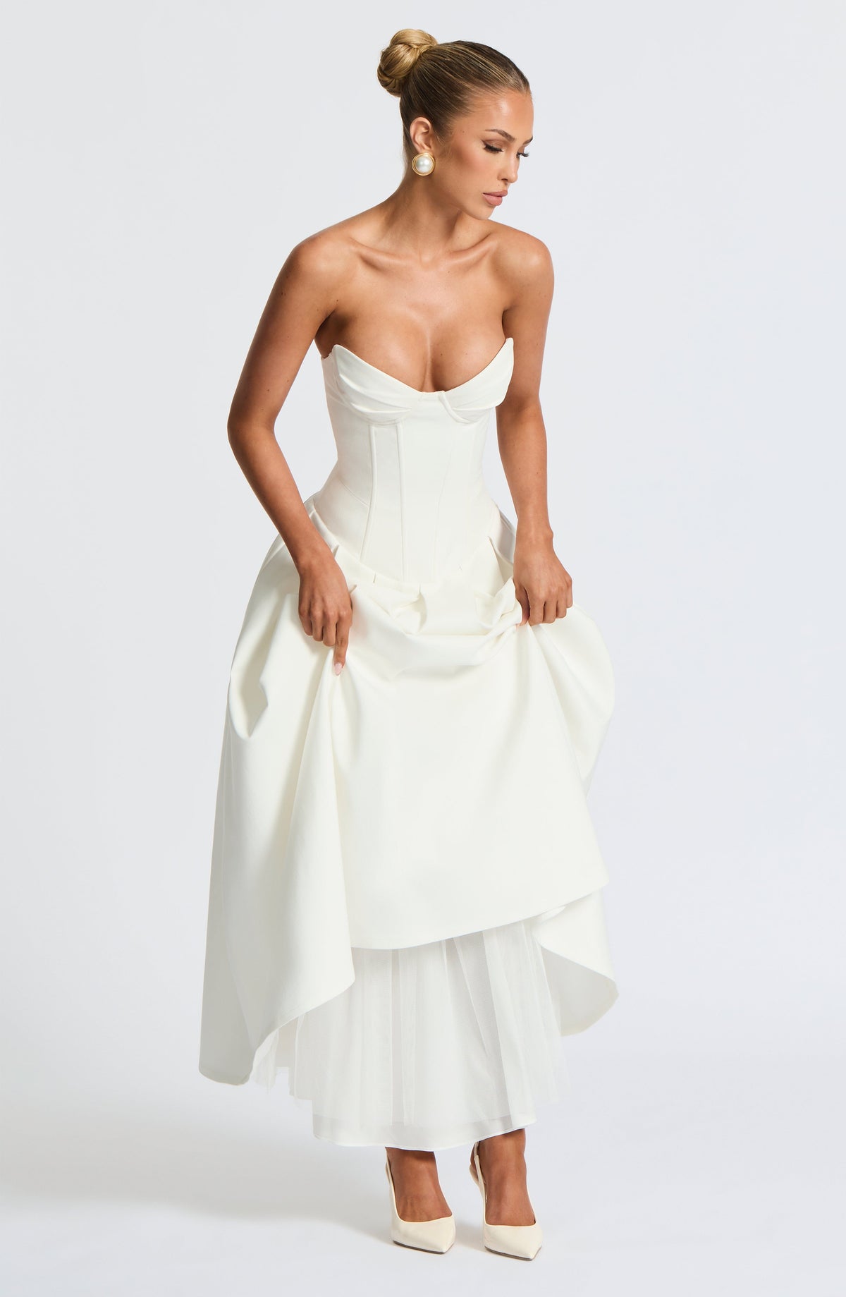 R.F Women's Dress Strapless Midi Ivory Stretch Bengaline Formal