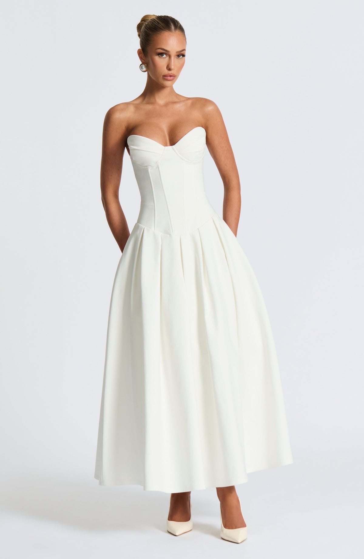 R.F Women's Dress Strapless Midi Ivory Stretch Bengaline Formal