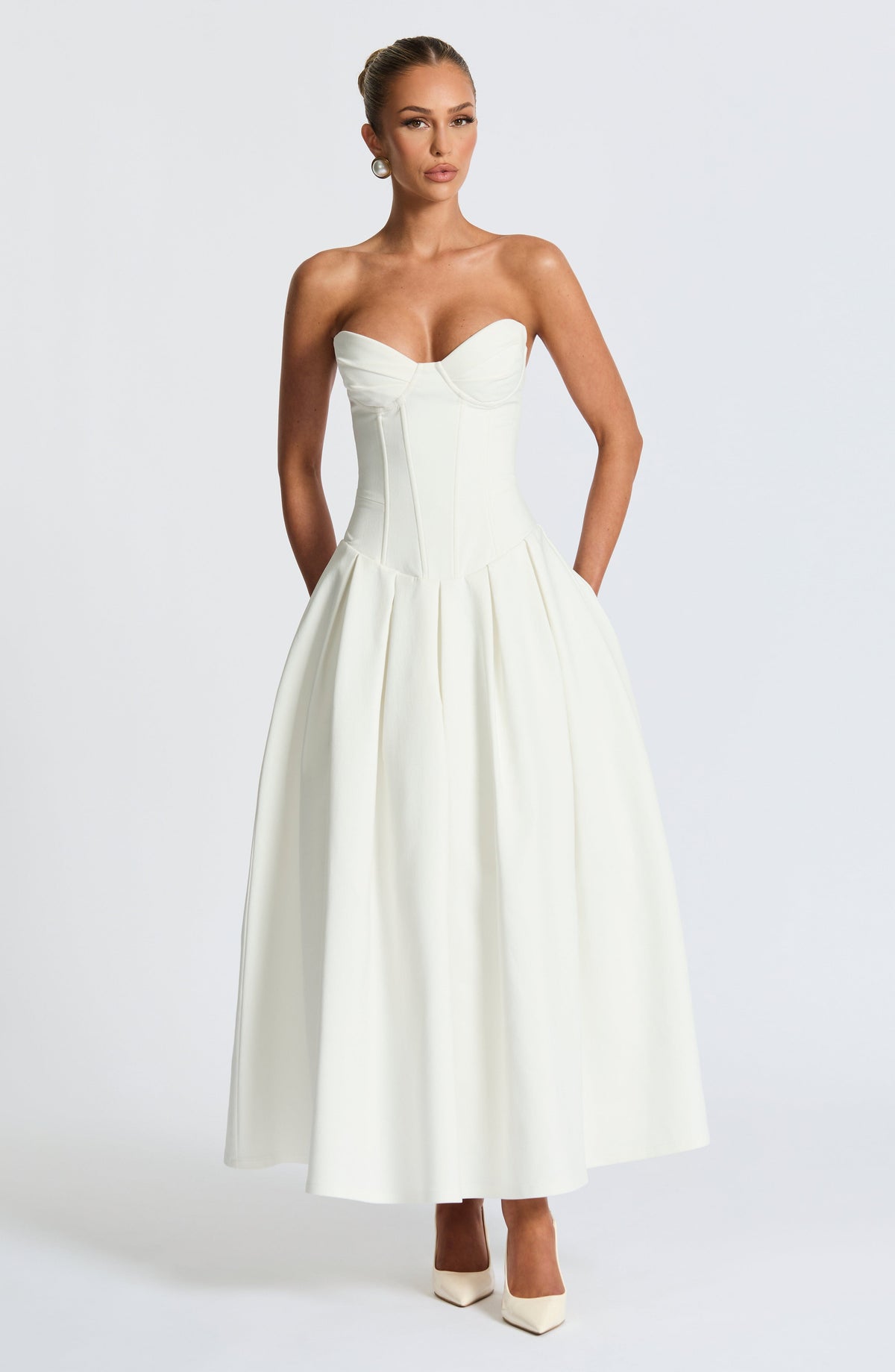 R.F Women's Dress Strapless Midi Ivory Stretch Bengaline Formal