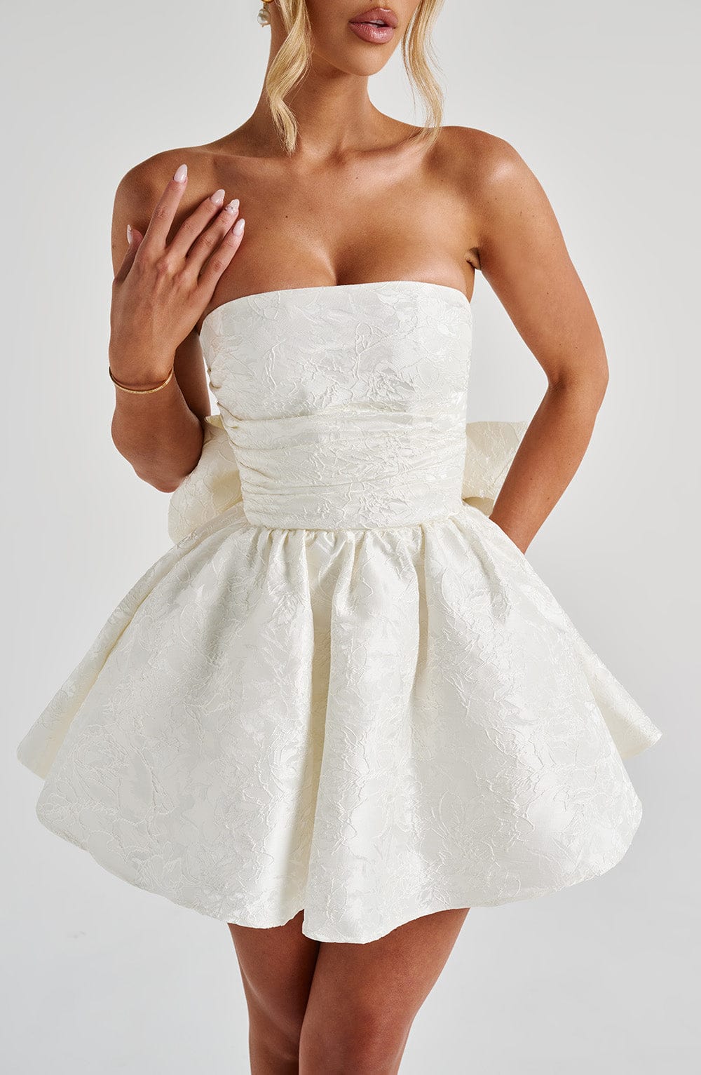 K.Y Women's Dress Salome Mini Ivory Jacquard Bow Bridal