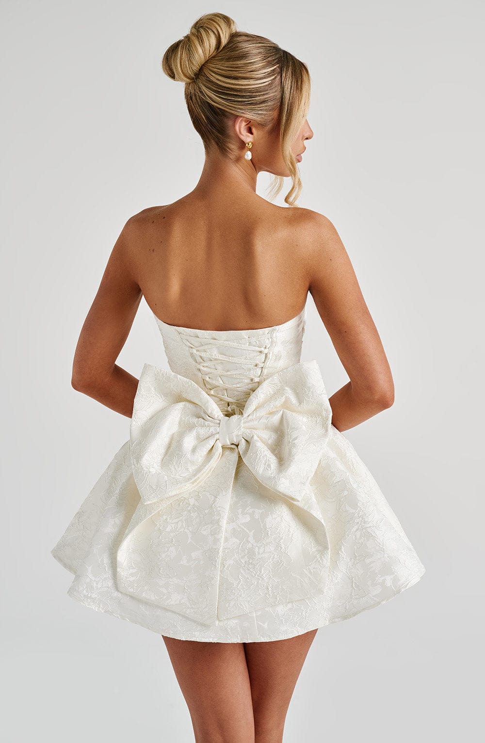 K.Y Women's Dress Salome Mini Ivory Jacquard Bow Bridal