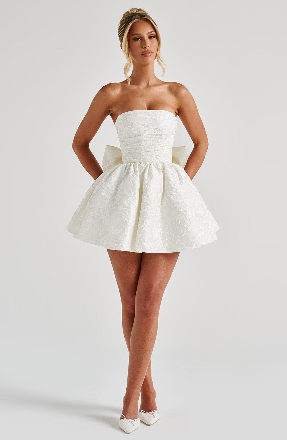 K.Y Women's Dress Salome Mini Ivory Jacquard Bow Bridal