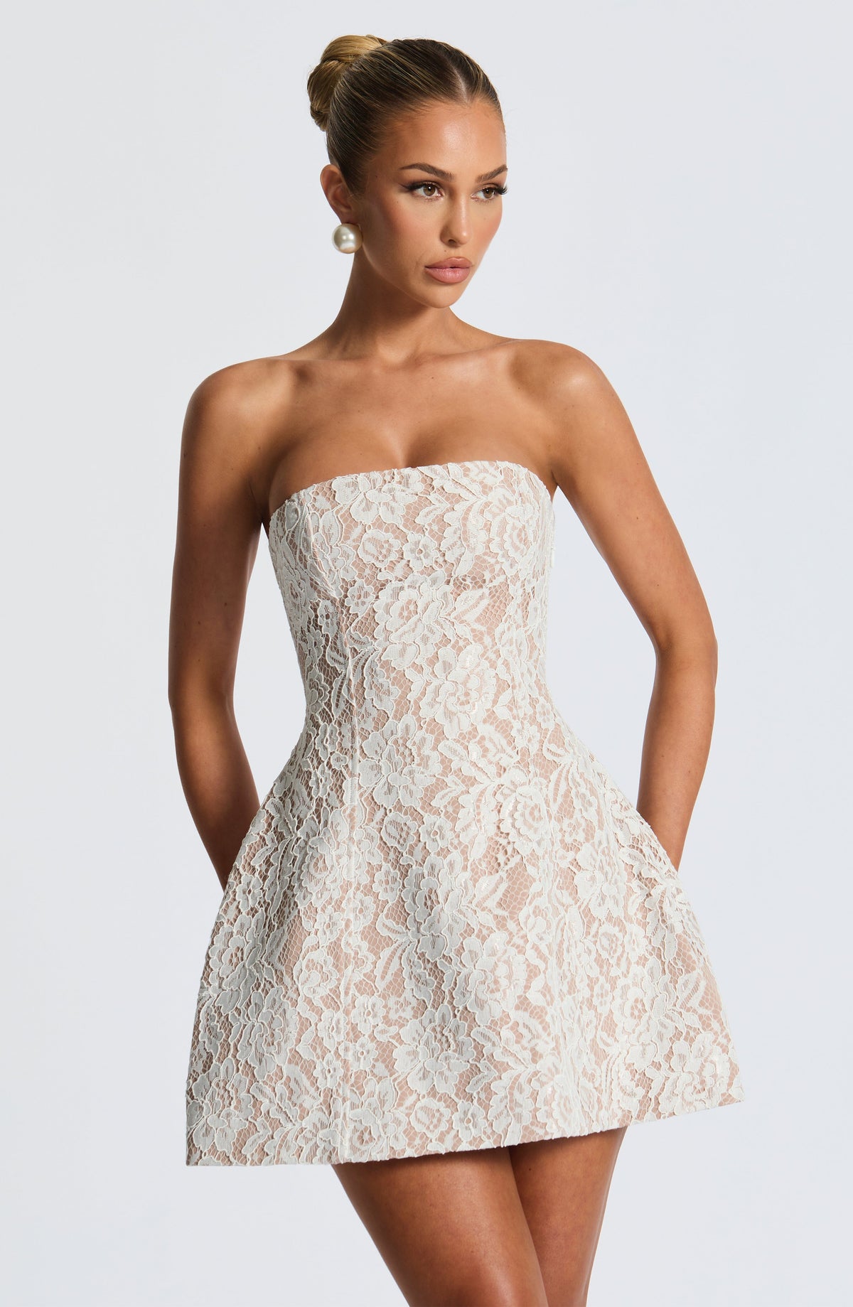 L.F Women's Dress Strapless Bubble Hem Ivory Lace Party