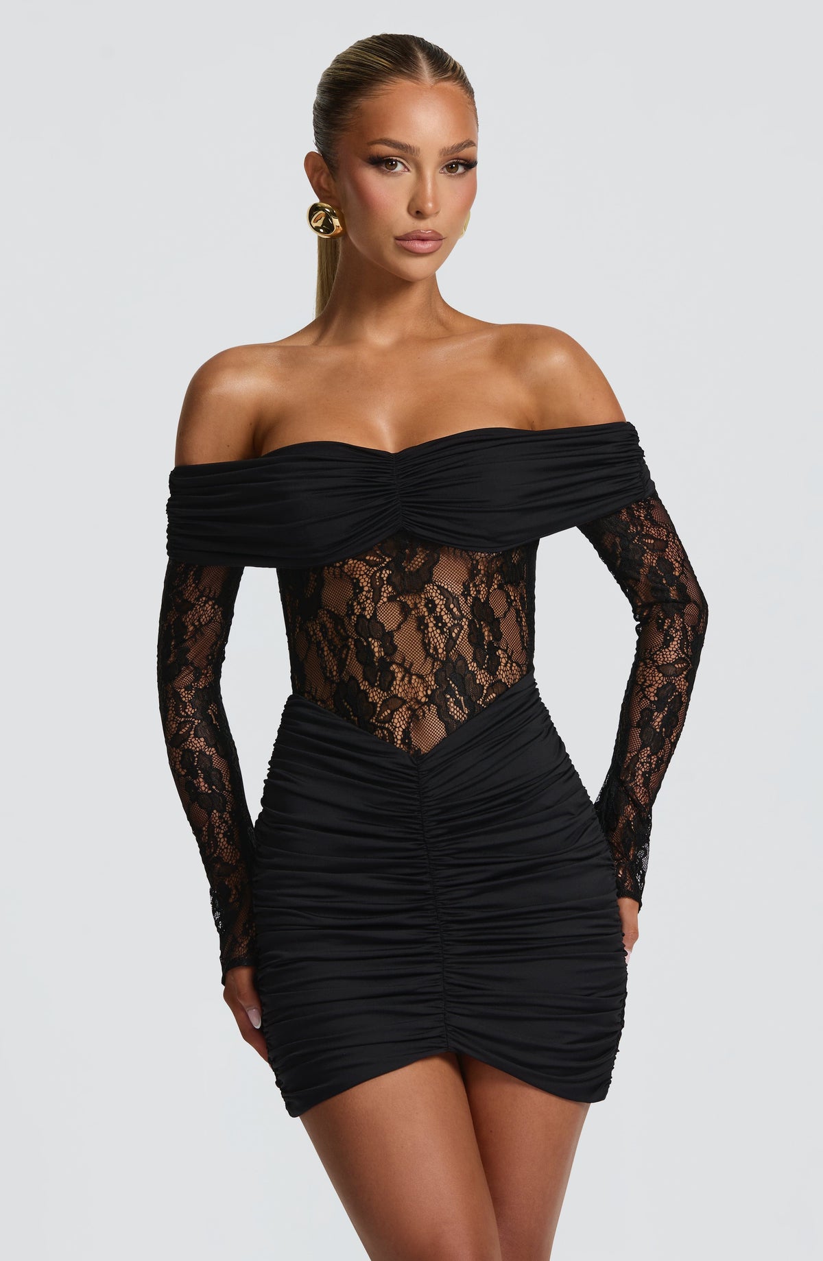 L.F Women's Dress Bardot Black Lace Jersey Party
