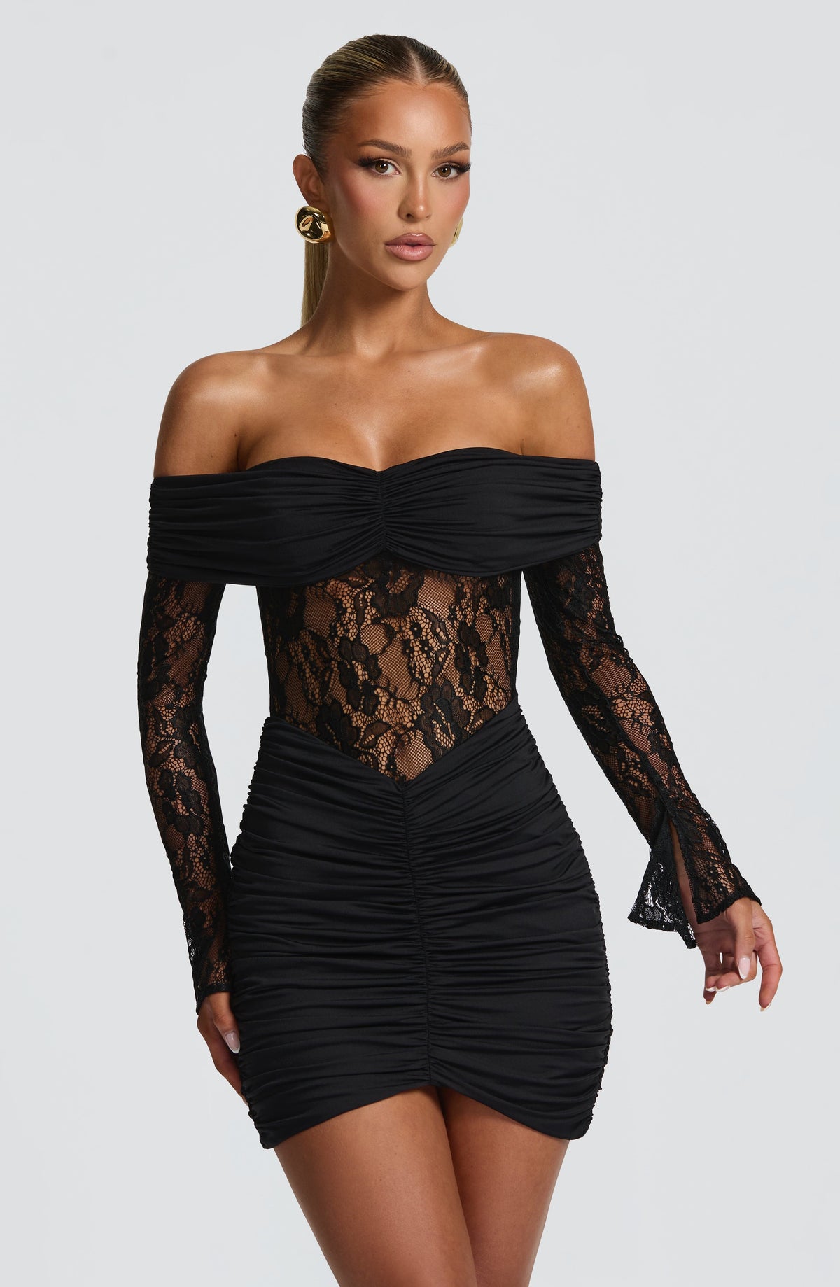 L.F Women's Dress Bardot Black Lace Jersey Party