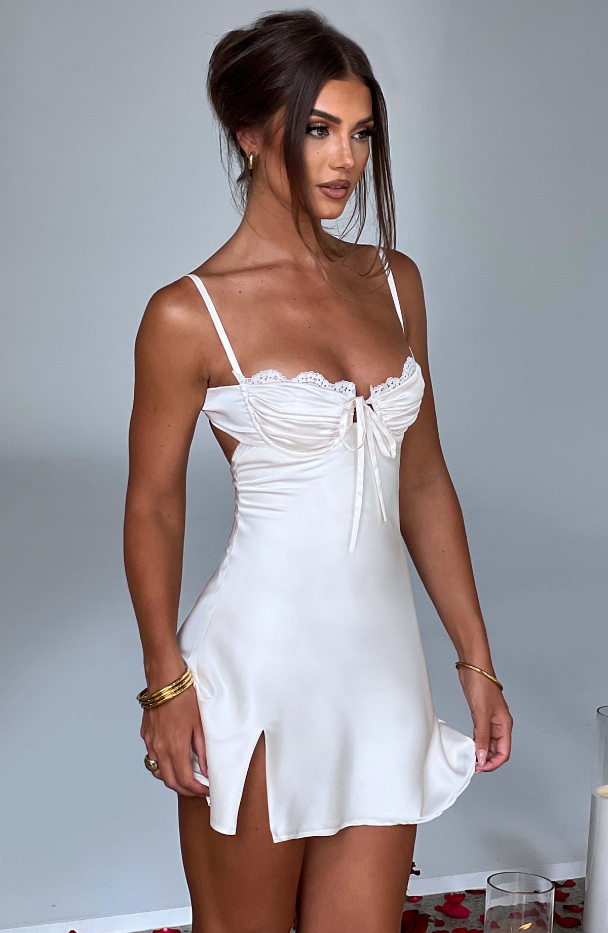 L.F Women's Dress Strapless Ivory Stretch Satin Party Sherise Mini