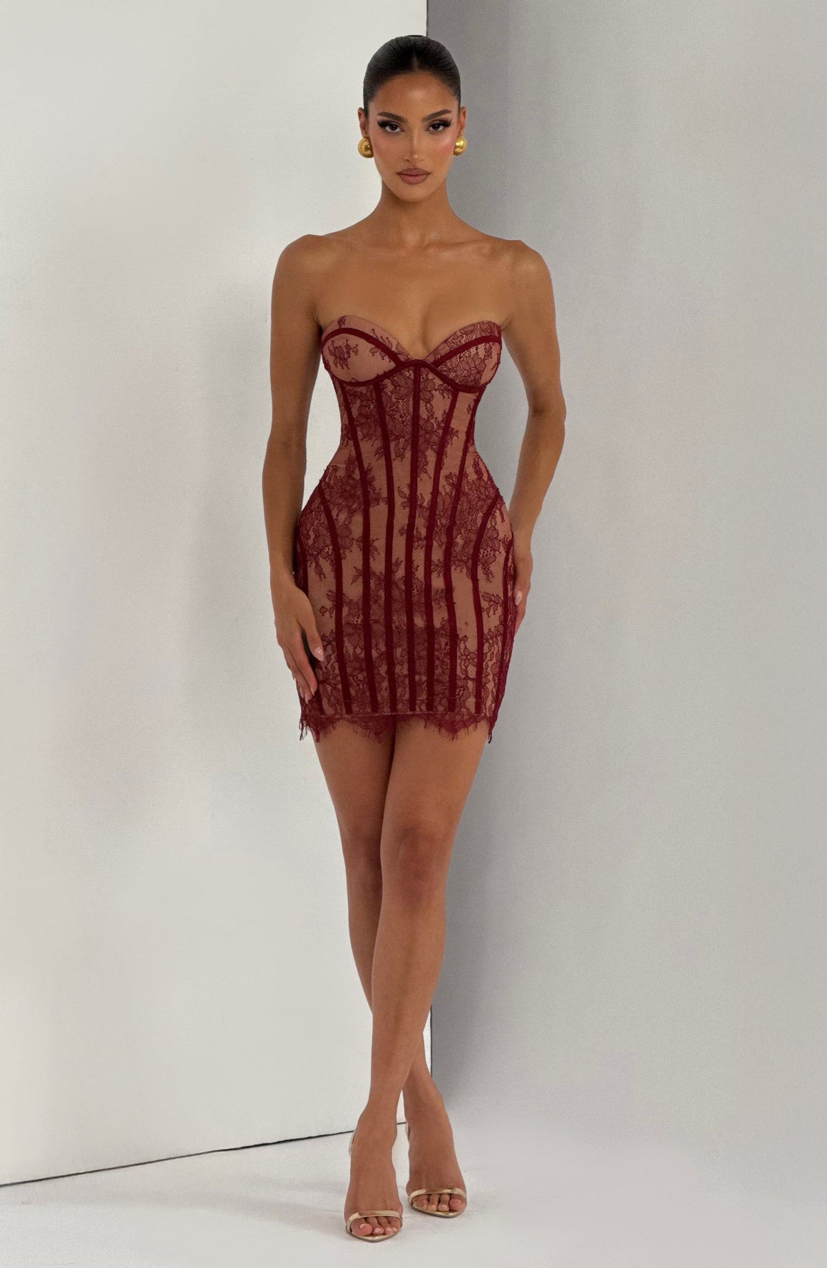 T.X Women's Dress Strapless Bodycon Burgundy Lace Party